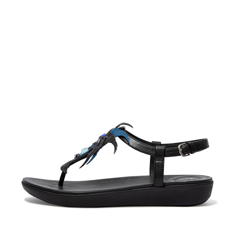 Fitflop Womens Sandals Black - Tia Jewel Feather Leather Back-strap - 05IDQBHWJ